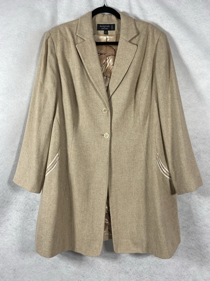 Traje pantalón Signature By Larry Levine 2 piezas para mujer 22W beige largo blazer mezcla de lana Foto 3 de 4