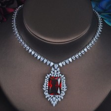 34Ct Emerald Cut Lab-Created Ruby Women's Tennis Necklace 14K White Gold Plated