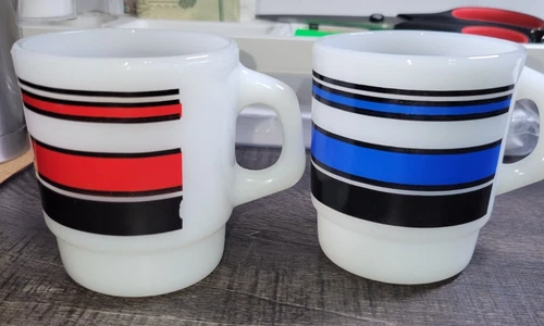 Vtg Anchor Hocking Fire King Super Stripe Coffee Cup Blue & Red- Set Of 2
