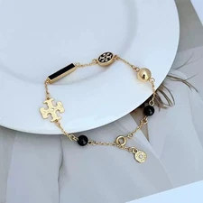 New! Tory Gold Plated Black TB Logo Bracelet with Jewelry Pouch Size:22cm