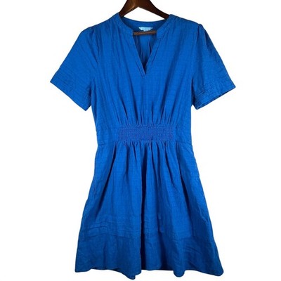 Draper James RSVP Navy Floral Ruffle V Neck Smocked Waist Midi Dress Womens M