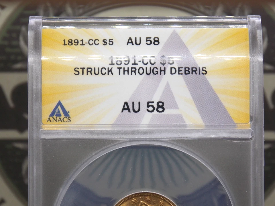 1891 "CC" $5 Oro Liberty Media Águila ANACS AU58 #578 CARSON CITY Strike Through Foto 4 de 4