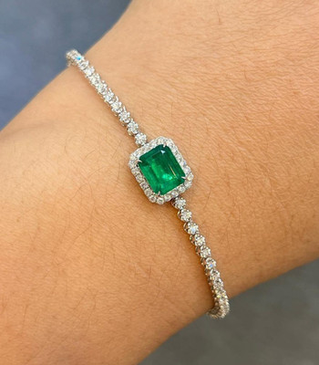 Green Emerald Cut Simulated CZ Halo 925 Sterling Silver Wedding Tennis Bracelet