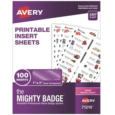 Avery? The Mighty Badge Name Badge Inserts, 1 x 3, Clear, Laser, 20/Sheet, 5 She