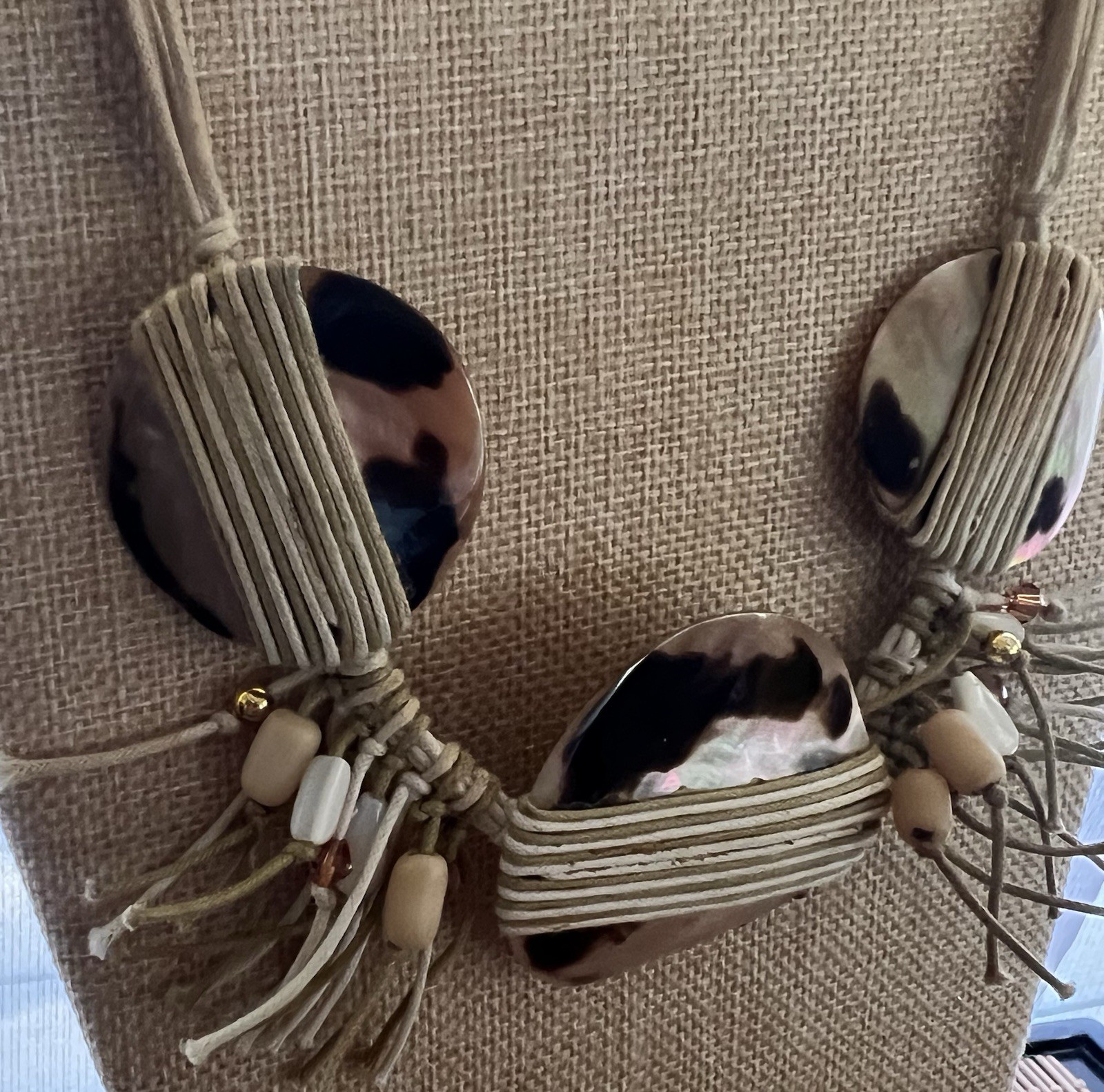 Boho Shell Disc Statement Necklace 20” Neutral Fr… - image 3