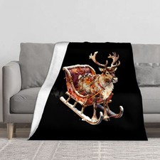 Snowy Sleigh Reindeer Christmas Flannel Fleece Throw Blanket