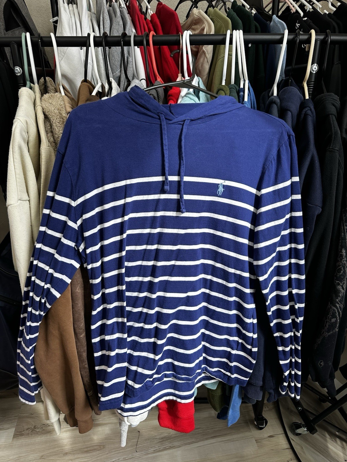 Polo Ralph Lauren Men’s Lightweight Hoodie Pullover Medium Blue White Stripes
