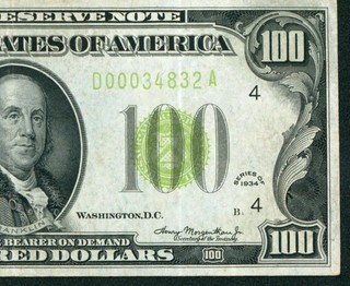 ((5 DIGIT)) $100 1934 LGS LIME (LIGHT GREEN SEAL) Federal Reserve (WRITING)