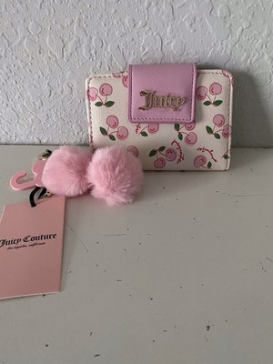 Juicy Couture Cherry Girl Mini Tab Wallet Soft White Flamingo Pink W/Charm NEW