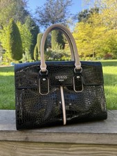 GUESS Vintage Y2K Black Patent Croc Embossed Structured Satchel Handbag