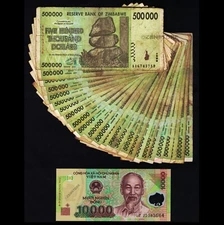 10,000 Dong Vietnam + 25 x 500,000 Dollars Zimbabwe Bundle Currency Paper Money