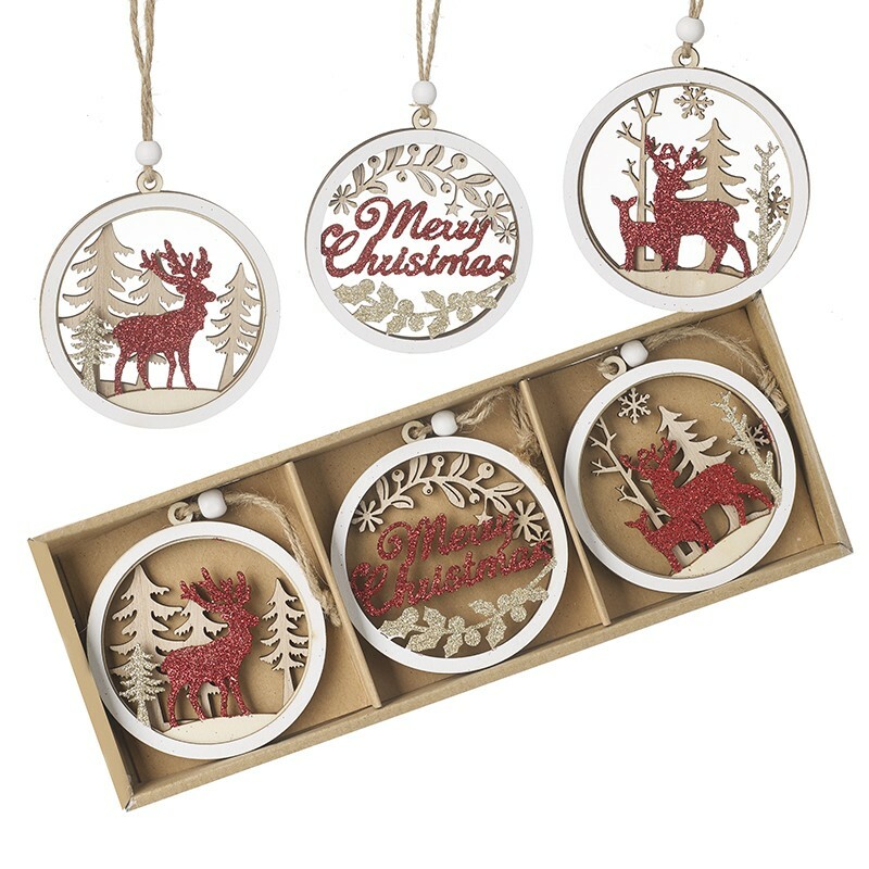 Heaven Sends Red White Wood Cut Out Bauble Reindeer Christmas Tree Decoration x6