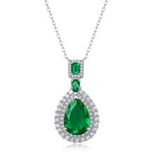 5CT Pear Lab Created Emerald Diamond Halo Necklace Pendant 14K White Gold Plated
