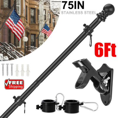 6FT Flag Pole Kit Heavy Duty Bracket Metal Pole With 2 Rotating Rings For Garden