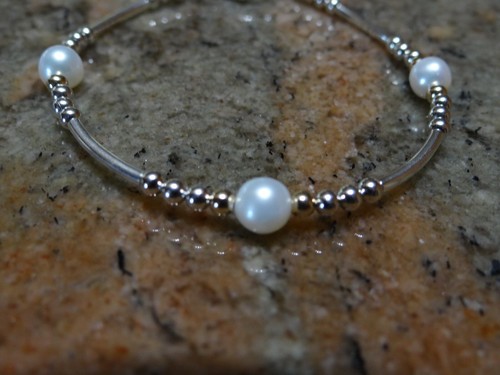 14k Yellow Gold Beads,Sterling Silver Beads & Cultured Pearl Bracelet 7.5" - Picture 2 of 2