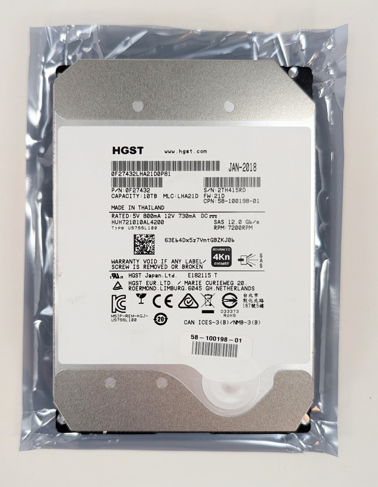 【2個セット】HGST HUH721010AL4200 SAS 12Gb/s 10TB SAS 消去済 HGST HUH721010AL4200 Ultrastar HE10 : : Computers