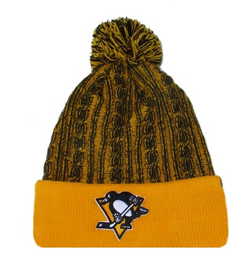 Fanatics Pittsburgh Penguins Weave Cuff Pom Knit Beanie Hat Cap Black And Yellow