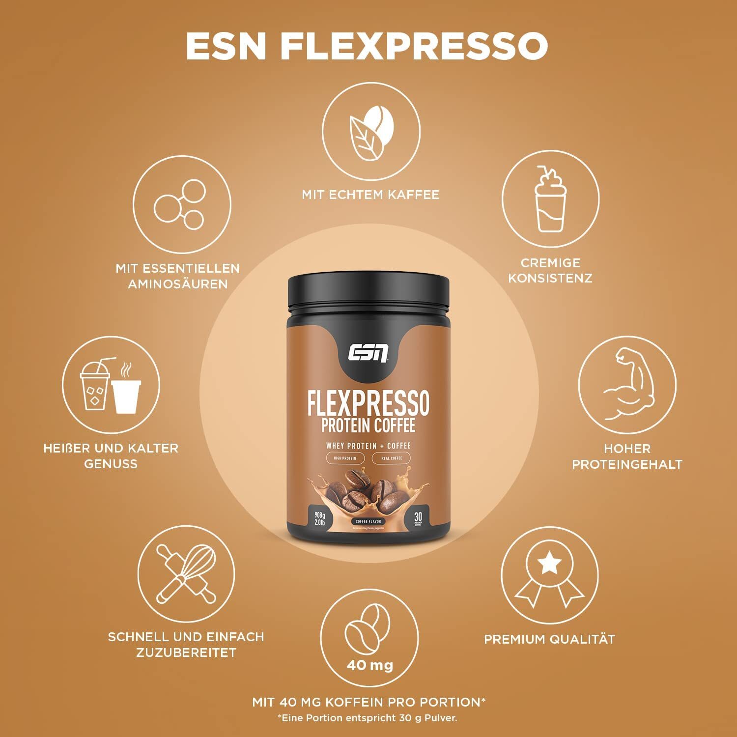 ESN FLEXPRESSO EIWEIß PULVER WHEY PROTEIN COFFEE MIT ECHTEM KAFFEE 908g
