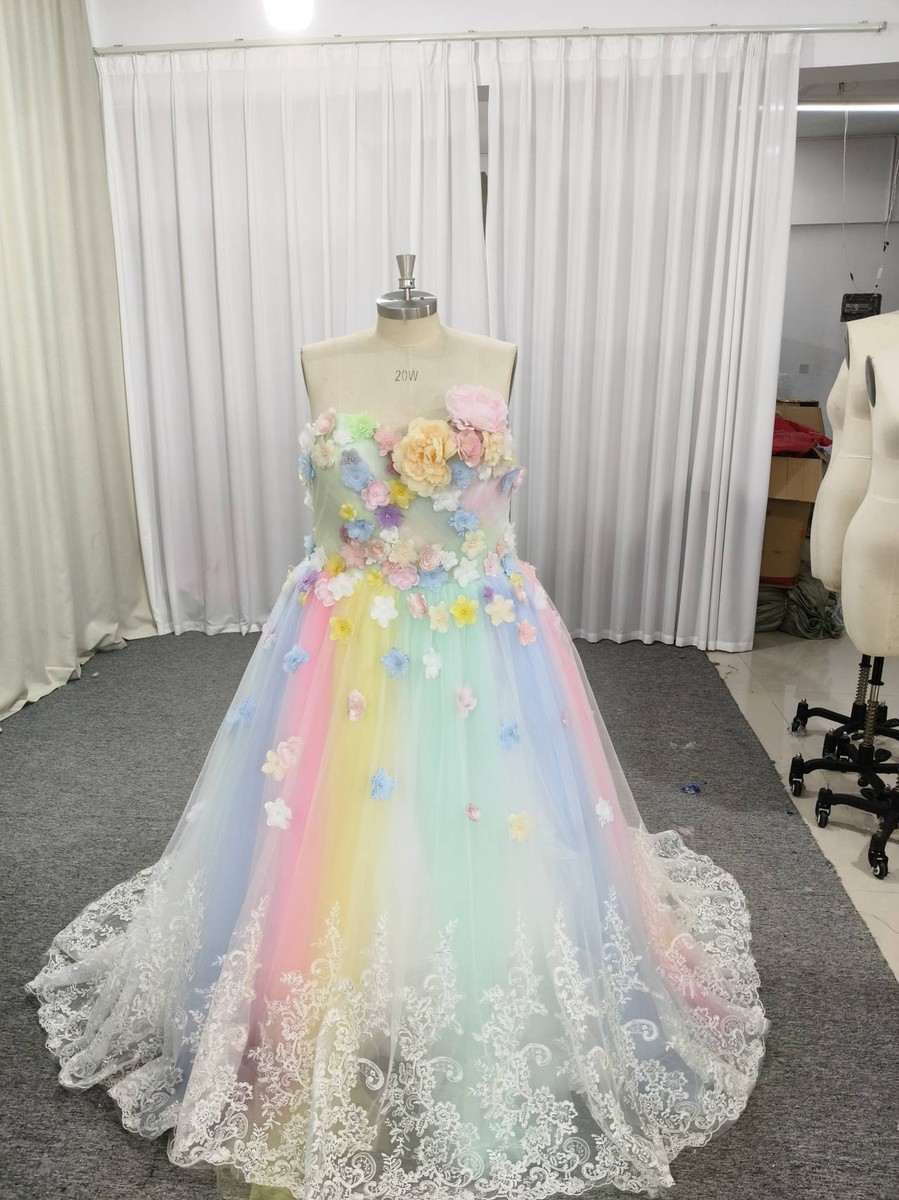 Rainbow Wedding Dresses Sleeveless Sweetheart 3D Flower A Line Bridal Gown  Train | eBay