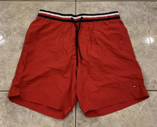 Mens Large Tommy Hilfiger Spell Out Swim Trunks Shorts Mesh Lined Vtg Red