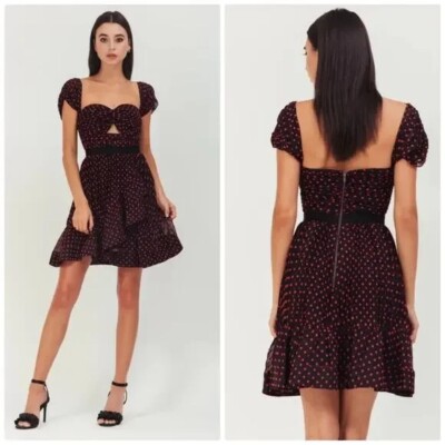 MSRP $380 NWT Self Portrait Plumetis Black & Red Polka Dot Mini Dress US 0