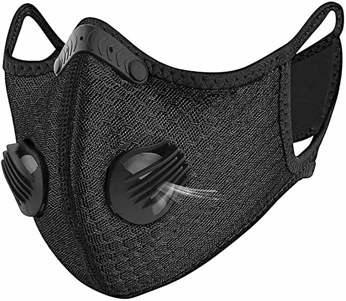 Black Face Mask Double Exhalation Valve With PM 2.5 Filter