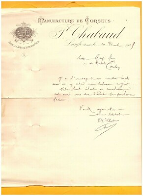 LAIGLE (61) CORSET FACTORY / FASHION ''P. CHABAUD'' letter in 1915
