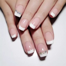 24 Medium Press on nails kit w glue square french mani white tip gems