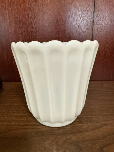 Vintage Milk Glass Flower Pot Vase Scalloped Rim