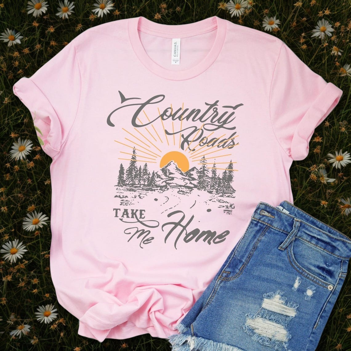 Country Roads Take Me Home T-Shirt – Vintage Mountain Sunset Graphic Tee