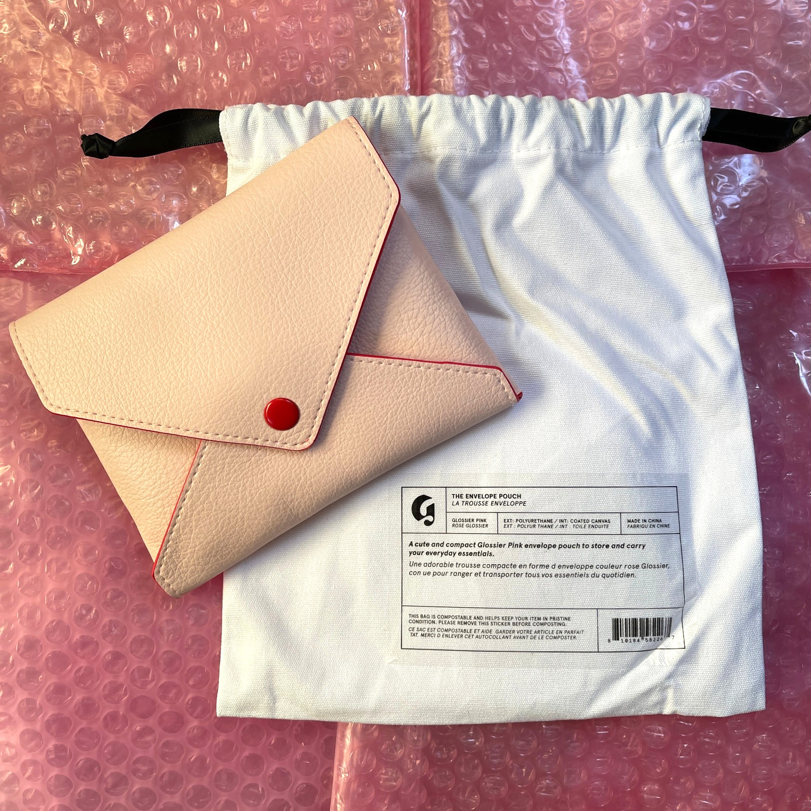 💌 Glossier Pink ENVELOPE Pouch BRAND NEW + Drawstring Bag + Box LIMITED EDITION