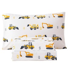 Kids Sheet Set Twin Size 3 Pieces Yellow Excavator Car Printed Microfiber Bed...