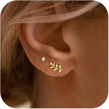 3 Pairs 14K CZ Gold Huggie Hoop Cartilage Earrings Set: Dainty CZ Stud Trendy Da
