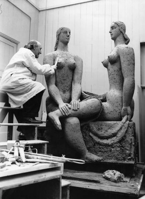 Sculptor Frank Dobson works his statue Leisure a sculpture from hi- Old Photo