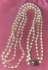 Vintage Double Strand 24in Individually Knotted Pearl Necklace,Gsilver Clasp
