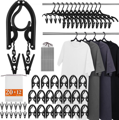 20 Pack Perchas de Viaje Plegables con 12 Clips Colgadores Portatiles Negro