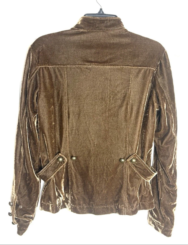 棕色天鹅绒军装夹克女式 S 纽扣前丝绸混纺实用蒸汽朋克 — 第 2/4 张图片