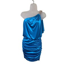 Vintage 80s City Studio Teal One Shoulder Dress Rhinestone Ruched Bodycon M