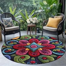 1pc HKStorage Round Mat - Modern Floral-like 3D Embellished Mat in Blue, Red, Gr