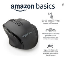 Amazon Basics Computer Mouse Wireless, Ergonomic, 2.4 GHz Optical, DPI Adjustabl