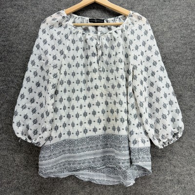 Fred David Blouse Women M  White Geometric Long Sleeve Tasseled Rayon Top