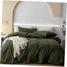 100 Washed Cotton Duvet Cover Set 3 Queen 90"x90" Olive Green no Comforter 