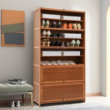 32" Entryway Bamboo 6-Tier Shoe Organizer Storage Cabinet w/ 3 Flip-up Door