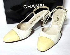 CHANEL Slingback Pumps Bicolor White Light Yellow Women's Size EU38/US7.5 used6F