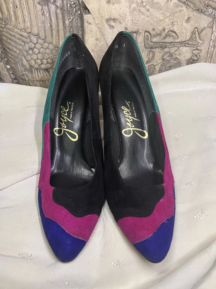 Zapatos de tacón alto talla 6 M vintage JOYCE años 80 gamuza bloque de color negro, fuscia, verde azulado Foto 2 de 4