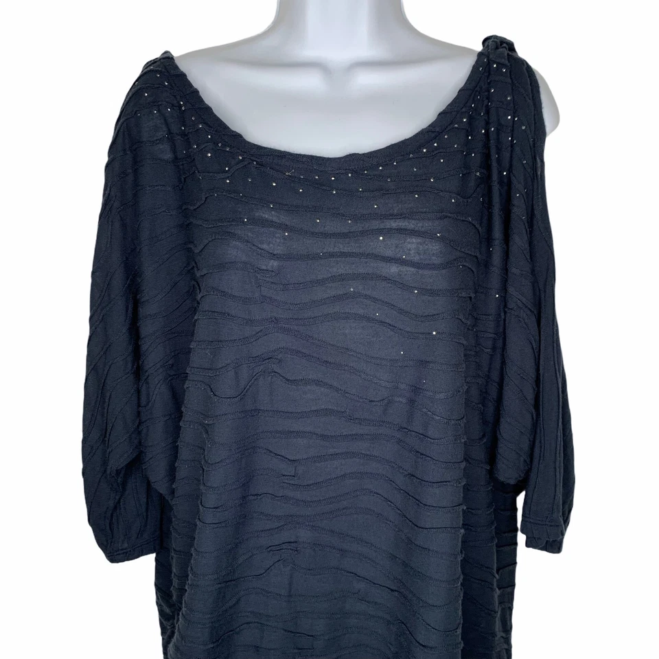 Blusa Nine West Jeans XL Ombro Frio Bling Azul Marinho Tecido Reunido Acrílico  - Imagem 2 de 4