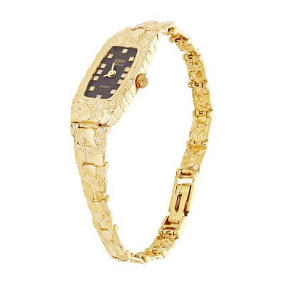 Women's 10k Yellow Gold Nugget Band Bracelet Geneve Watch with Diamonds 7.5-8''