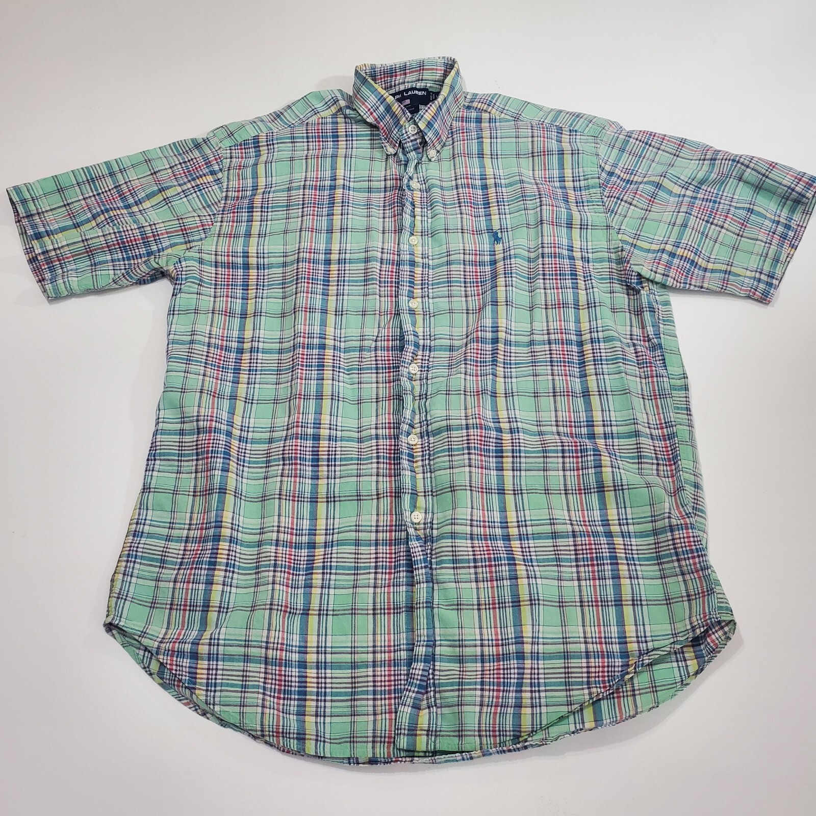 Ralph Lauren Camicia Sportiva Uomo L Blu Verde Plaid Preppy Pony Logo Leggera