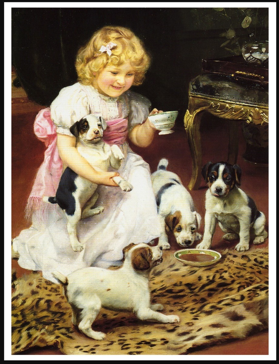 JACK RUSSELL TERRIER PUPS AND LITTLE GIRL VINTAGE STYLE DOG ART