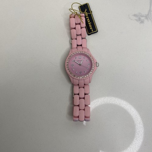 New Women's Akribos XXIV AK781WTP Quartz Pink Crystal Bezel White Ceramic Watch